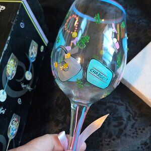 95 & SUNNY, BOTTOMS UP, "Retail Therapy/Delish" Hand Painted Wine Glass NEW!